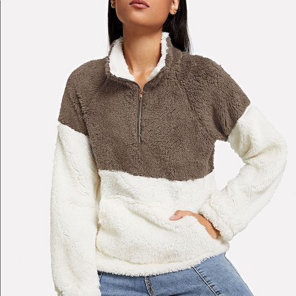 Teddy sweatshirt half zip tan white brown 581866 - Picture 2 of 4